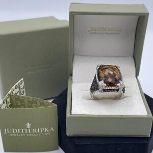 Judith Ripka Citrine Quartz Sterling Silver Colored CZ Pave Cocktail Ring Size 8